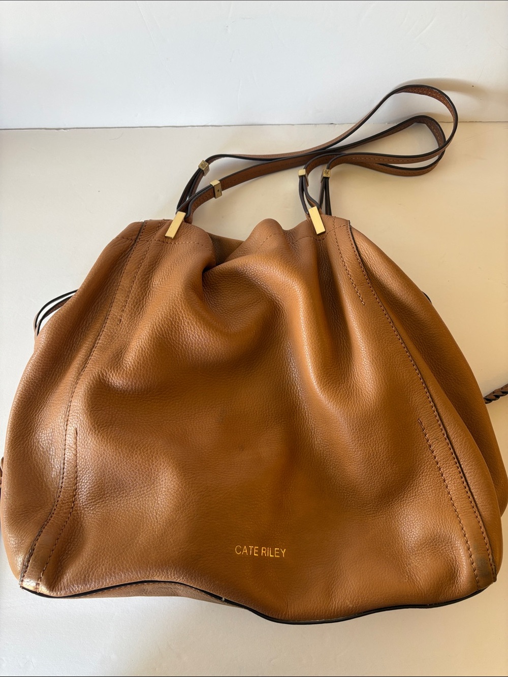 Cate Riley Tan Pebbled Leather Drawstring Shoulder Bag